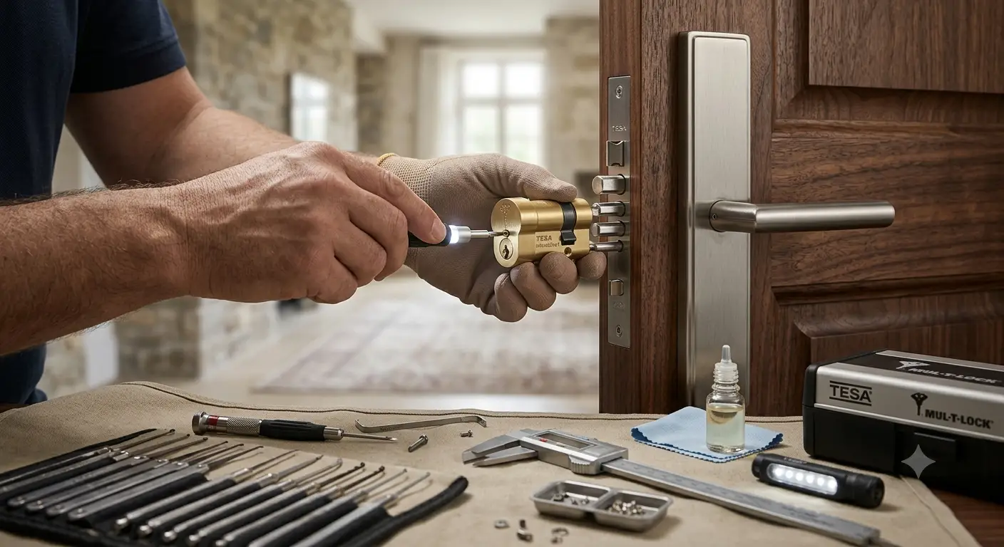 Primer plano de un cerrajero instalando una cerradura de alta seguridad en una puerta de madera elegante
