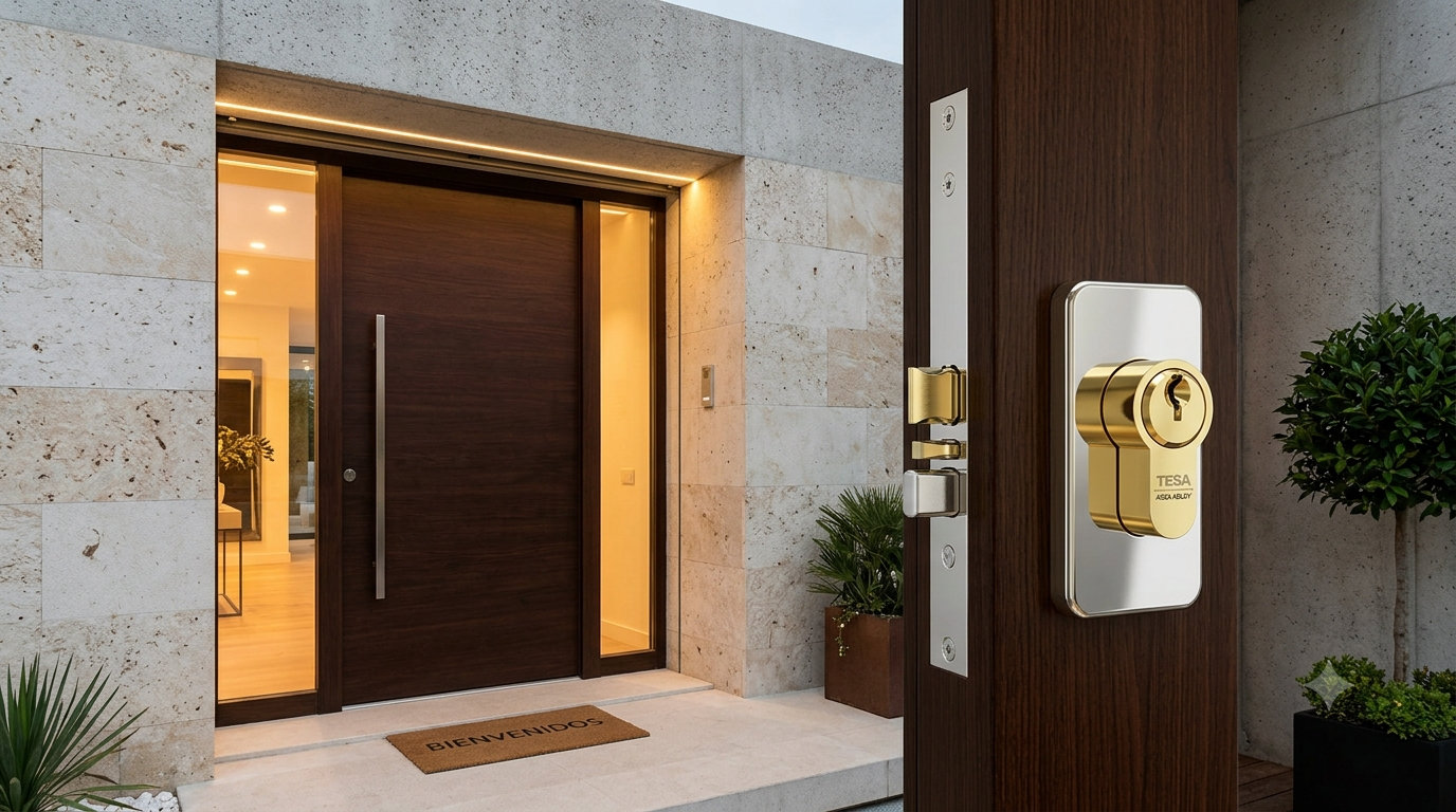 Puerta de entrada elegante con una cerradura de alta seguridad brillante