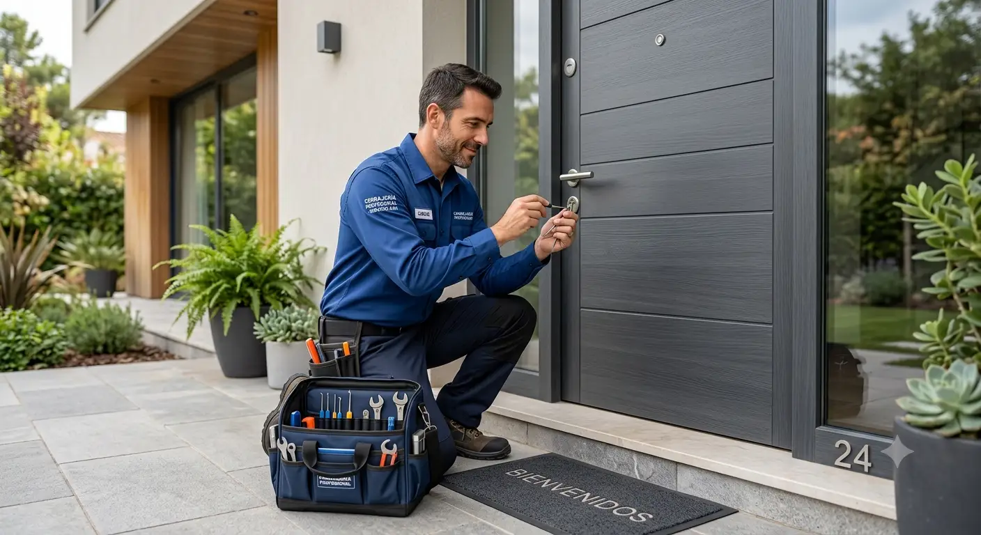 Un cerrajero profesional con uniforme azul y herramientas especializadas abriendo la puerta de una vivienda